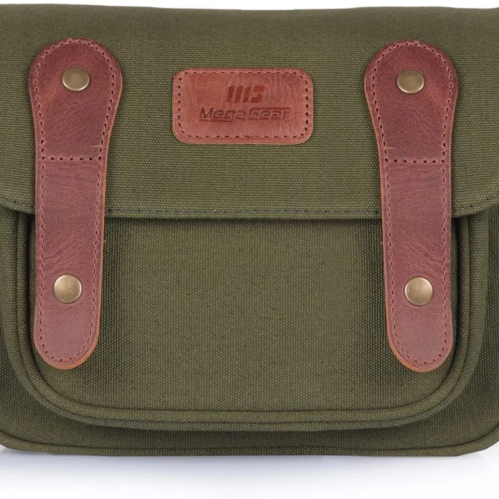 Green Camera Bag with Brown Accents